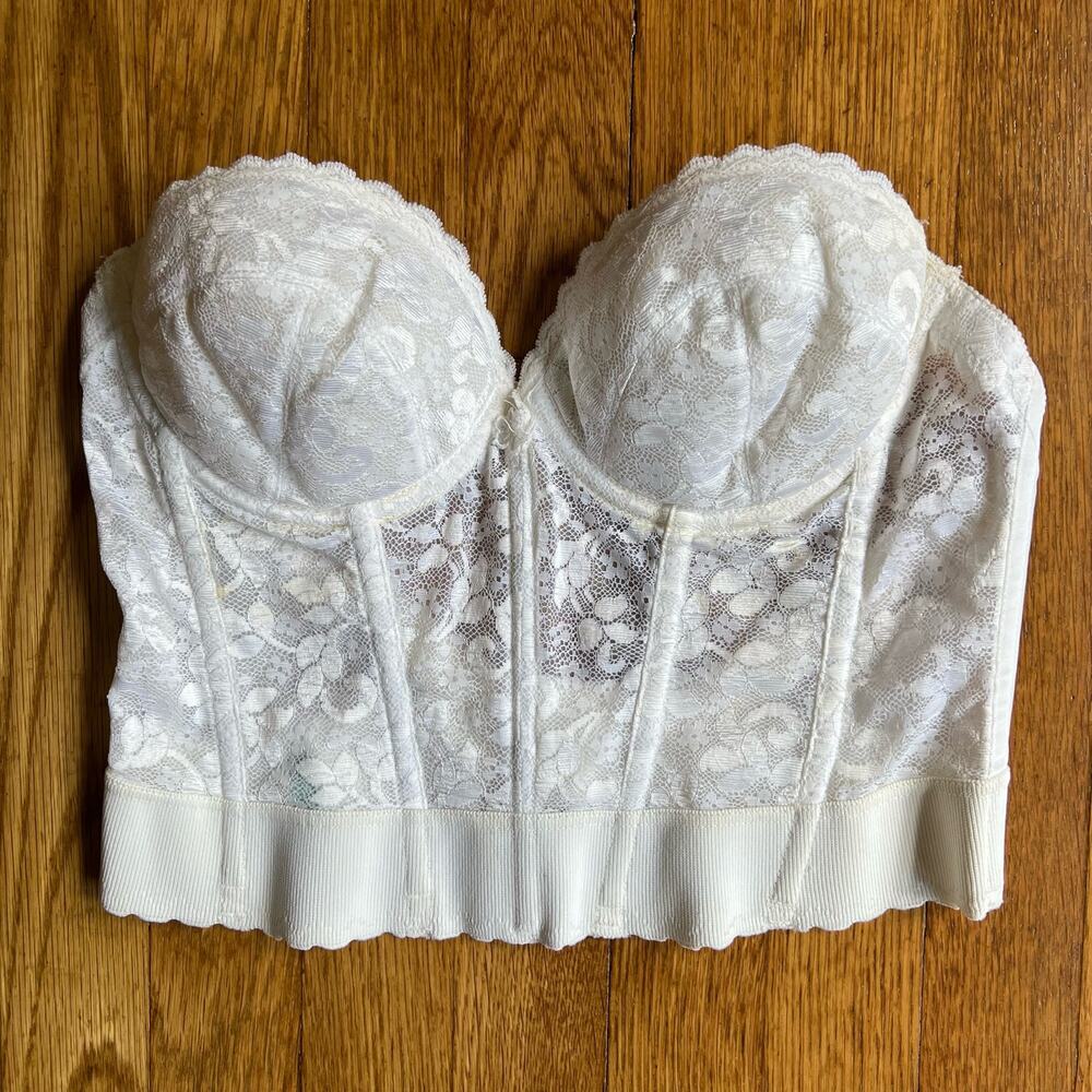 60s/70s Vintage Carnival Longline Strapless Bra Boned White Lace Women's 36B